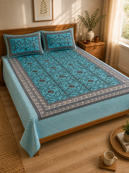 CROFF 100% Pure Cotton King Size Jaipuri Printed Bedsheet with 2 Pillow Covers | Soft & Breathable | 93 × 108 Inches | Aqua Blue & Charcoal Floral