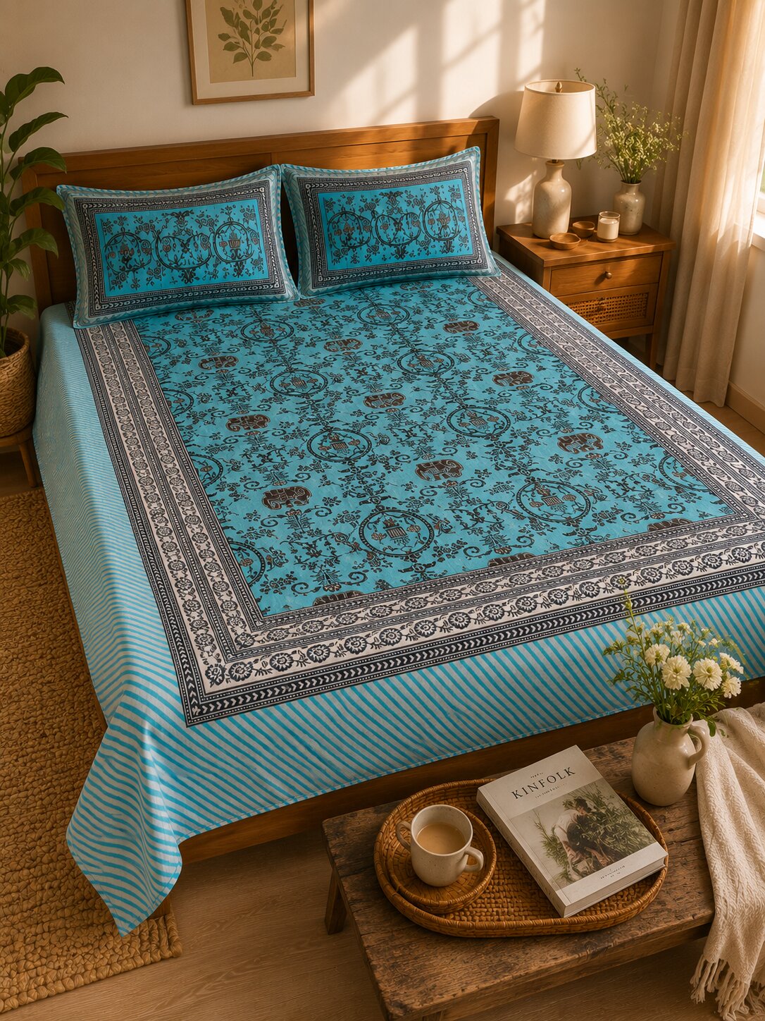CROFF 100% Pure Cotton King Size Jaipuri Printed Bedsheet with 2 Pillow Covers | Soft & Breathable | 93 × 108 Inches | Aqua Blue & Charcoal Floral