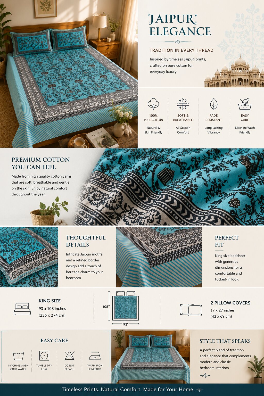 CROFF 100% Pure Cotton King Size Jaipuri Printed Bedsheet with 2 Pillow Covers | Soft & Breathable | 93 × 108 Inches | Aqua Blue & Charcoal Floral