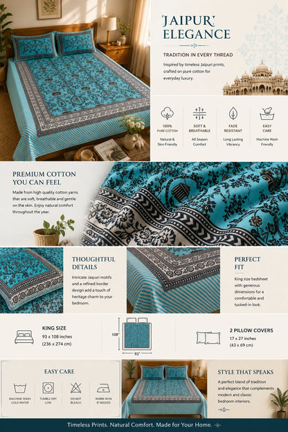 CROFF 100% Pure Cotton King Size Jaipuri Printed Bedsheet with 2 Pillow Covers | Soft & Breathable | 93 × 108 Inches | Aqua Blue & Charcoal Floral