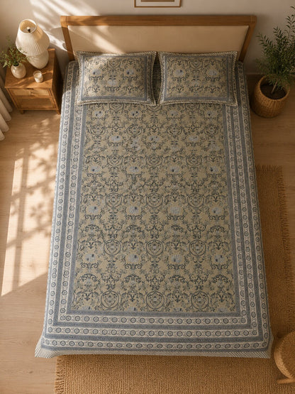CROFF 100% Pure Cotton King Size Jaipuri Printed Bedsheet with 2 Pillow Covers | Soft & Breathable | 93 × 108 Inches | Beige & Navy Blue Floral