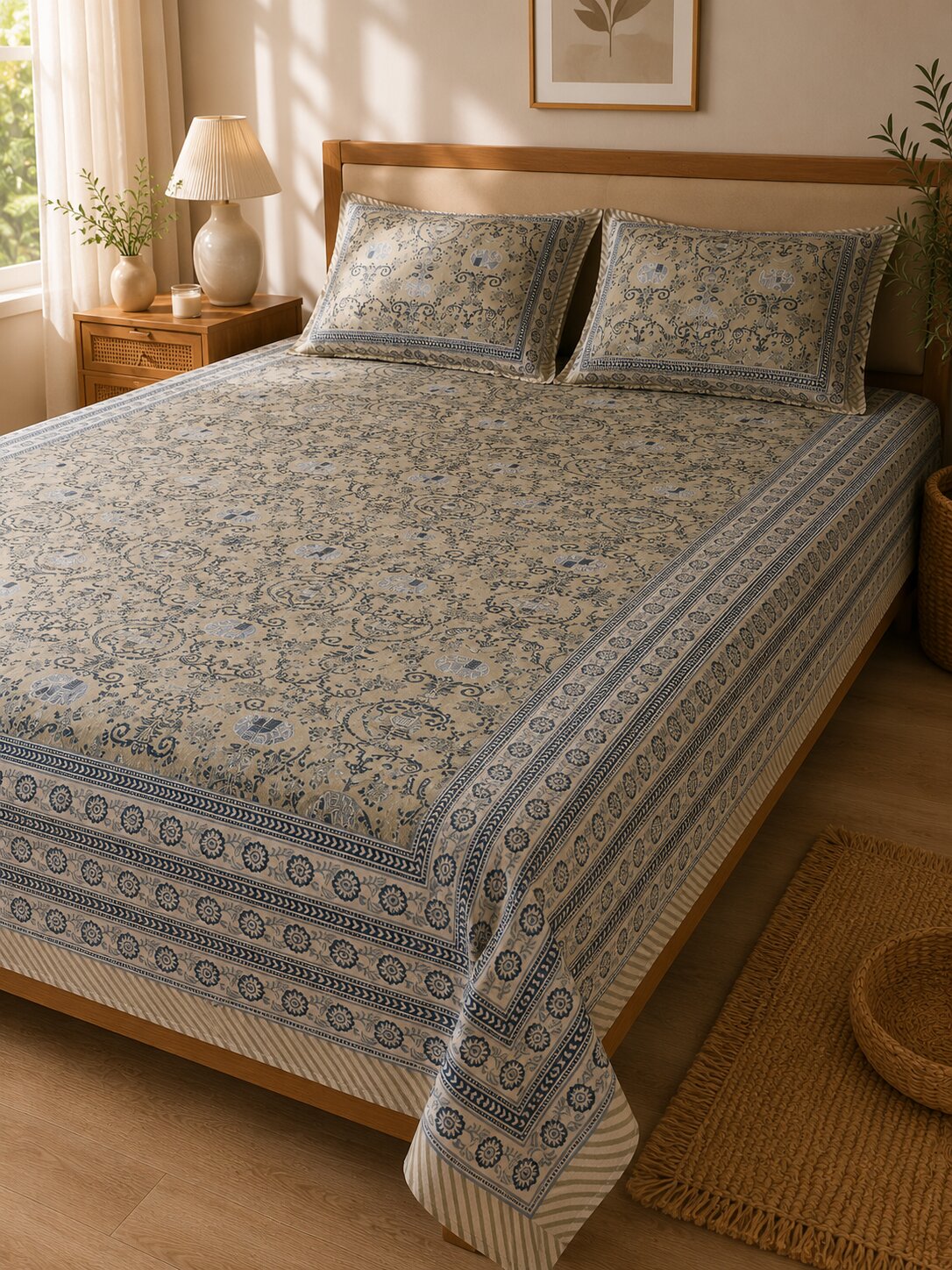 CROFF 100% Pure Cotton King Size Jaipuri Printed Bedsheet with 2 Pillow Covers | Soft & Breathable | 93 × 108 Inches | Beige & Navy Blue Floral