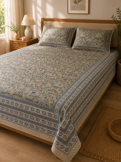 CROFF 100% Pure Cotton King Size Jaipuri Printed Bedsheet with 2 Pillow Covers | Soft & Breathable | 93 × 108 Inches | Beige & Navy Blue Floral