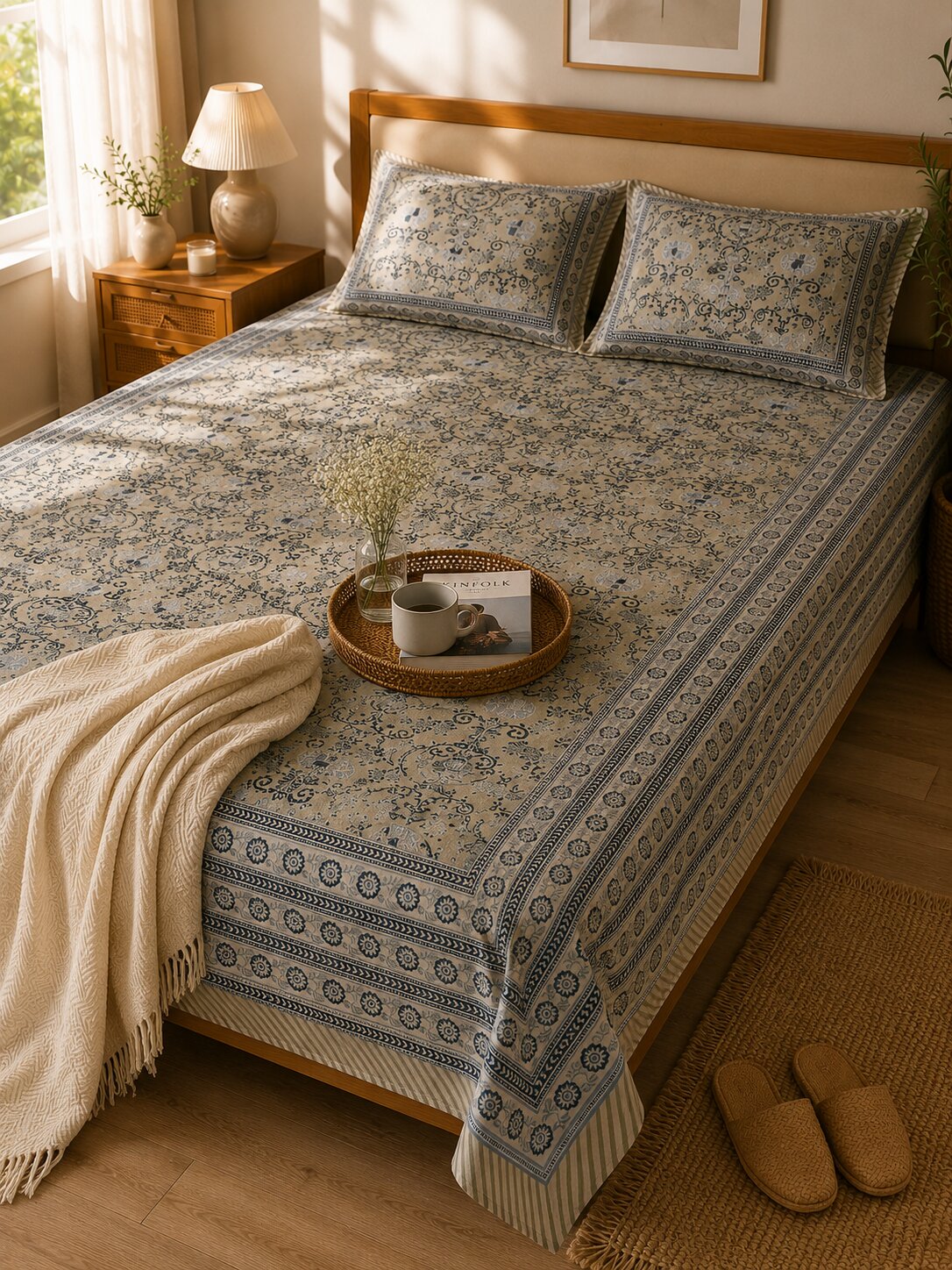 CROFF 100% Pure Cotton King Size Jaipuri Printed Bedsheet with 2 Pillow Covers | Soft & Breathable | 93 × 108 Inches | Beige & Navy Blue Floral