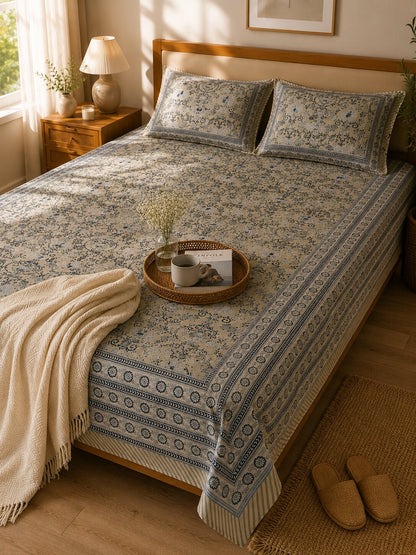 CROFF 100% Pure Cotton King Size Jaipuri Printed Bedsheet with 2 Pillow Covers | Soft & Breathable | 93 × 108 Inches | Beige & Navy Blue Floral