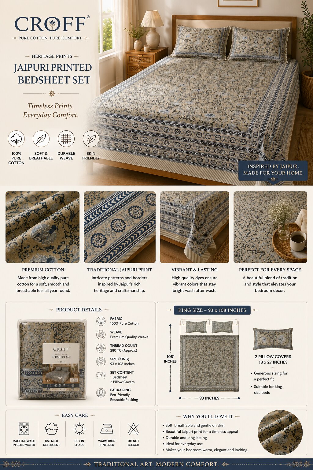 CROFF 100% Pure Cotton King Size Jaipuri Printed Bedsheet with 2 Pillow Covers | Soft & Breathable | 93 × 108 Inches | Beige & Navy Blue Floral
