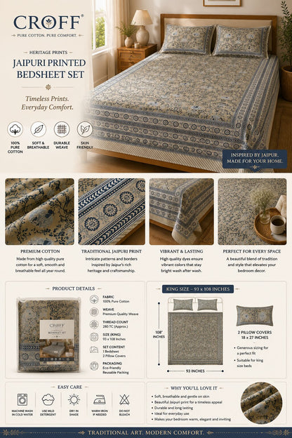 CROFF 100% Pure Cotton King Size Jaipuri Printed Bedsheet with 2 Pillow Covers | Soft & Breathable | 93 × 108 Inches | Beige & Navy Blue Floral