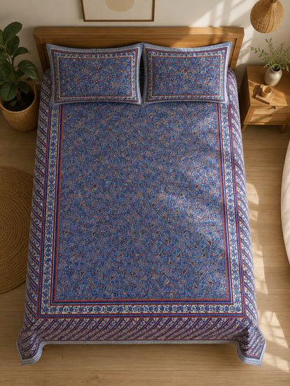 CROFF 100% Pure Cotton King Size Jaipuri Printed Bedsheet with 2 Pillow Covers | Soft & Breathable | 93 × 108 Inches | Royal Blue Paisley Floral