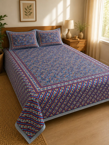 CROFF 100% Pure Cotton King Size Jaipuri Printed Bedsheet with 2 Pillow Covers | Soft & Breathable | 93 × 108 Inches | Royal Blue Paisley Floral