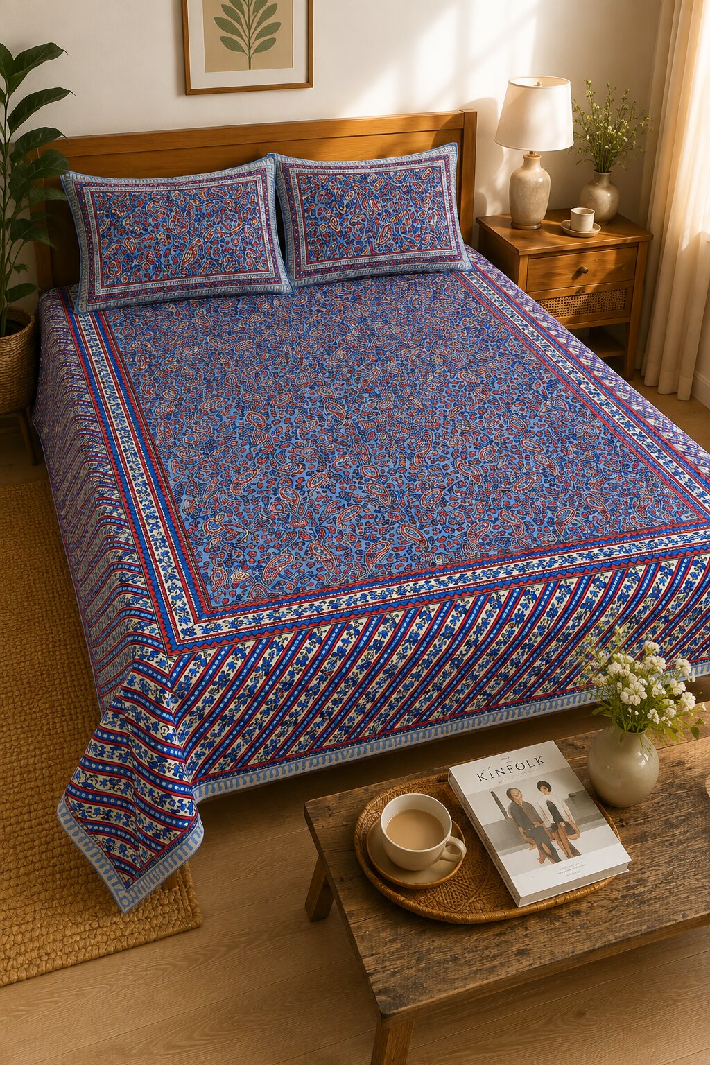 CROFF 100% Pure Cotton King Size Jaipuri Printed Bedsheet with 2 Pillow Covers | Soft & Breathable | 93 × 108 Inches | Royal Blue Paisley Floral