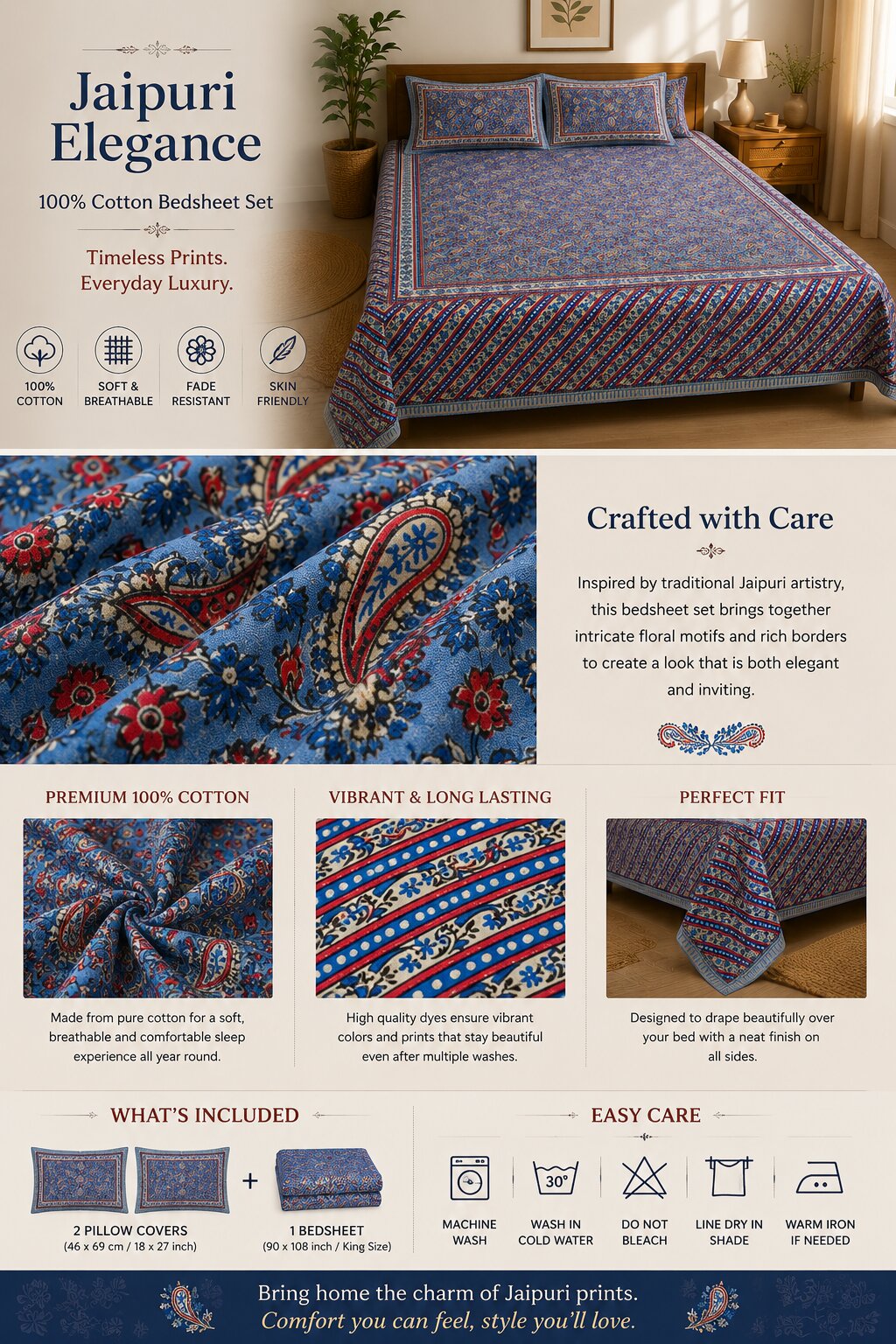 CROFF 100% Pure Cotton King Size Jaipuri Printed Bedsheet with 2 Pillow Covers | Soft & Breathable | 93 × 108 Inches | Royal Blue Paisley Floral
