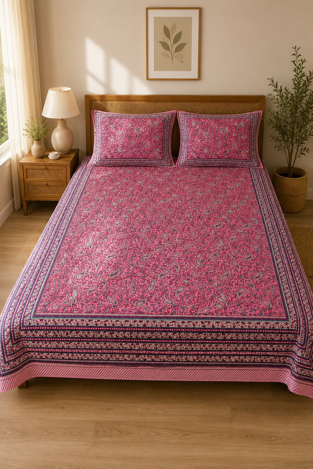 CROFF 100% Pure Cotton King Size Jaipuri Printed Bedsheet with 2 Pillow Covers | Soft & Breathable | 93 × 108 Inches | Pink Paisley Floral
