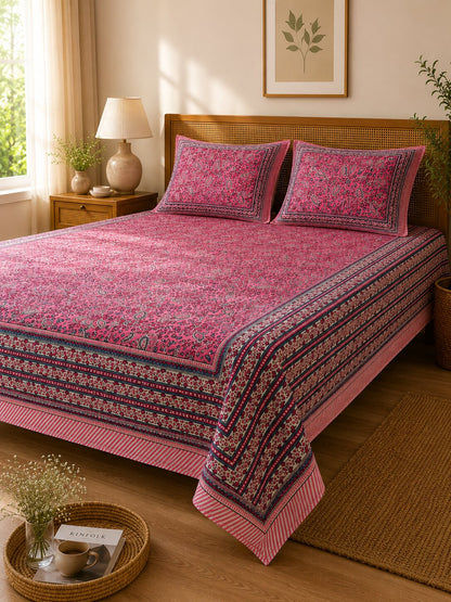 CROFF 100% Pure Cotton King Size Jaipuri Printed Bedsheet with 2 Pillow Covers | Soft & Breathable | 93 × 108 Inches | Pink Paisley Floral