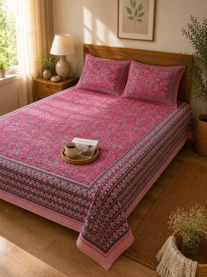 CROFF 100% Pure Cotton King Size Jaipuri Printed Bedsheet with 2 Pillow Covers | Soft & Breathable | 93 × 108 Inches | Pink Paisley Floral