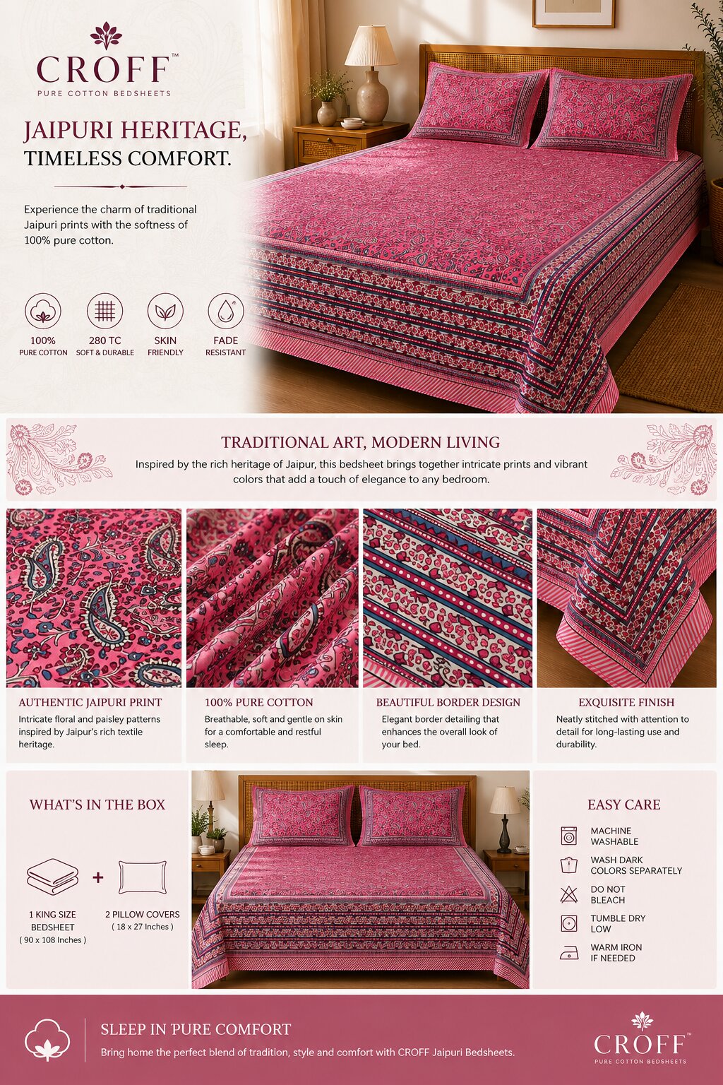 CROFF 100% Pure Cotton King Size Jaipuri Printed Bedsheet with 2 Pillow Covers | Soft & Breathable | 93 × 108 Inches | Pink Paisley Floral