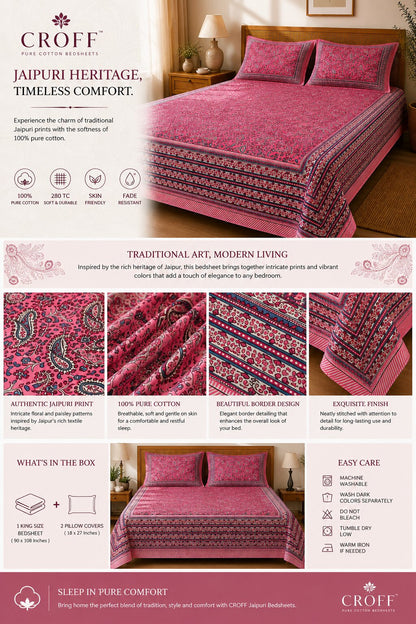 CROFF 100% Pure Cotton King Size Jaipuri Printed Bedsheet with 2 Pillow Covers | Soft & Breathable | 93 × 108 Inches | Pink Paisley Floral