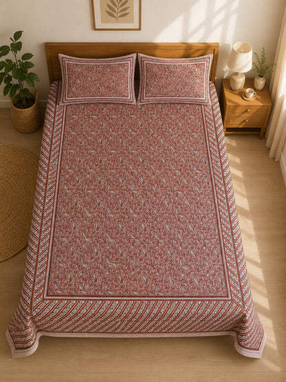 CROFF 100% Pure Cotton King Size Jaipuri Printed Bedsheet with 2 Pillow Covers | Soft & Breathable | 93 × 108 Inches | Rust Pink Paisley Floral