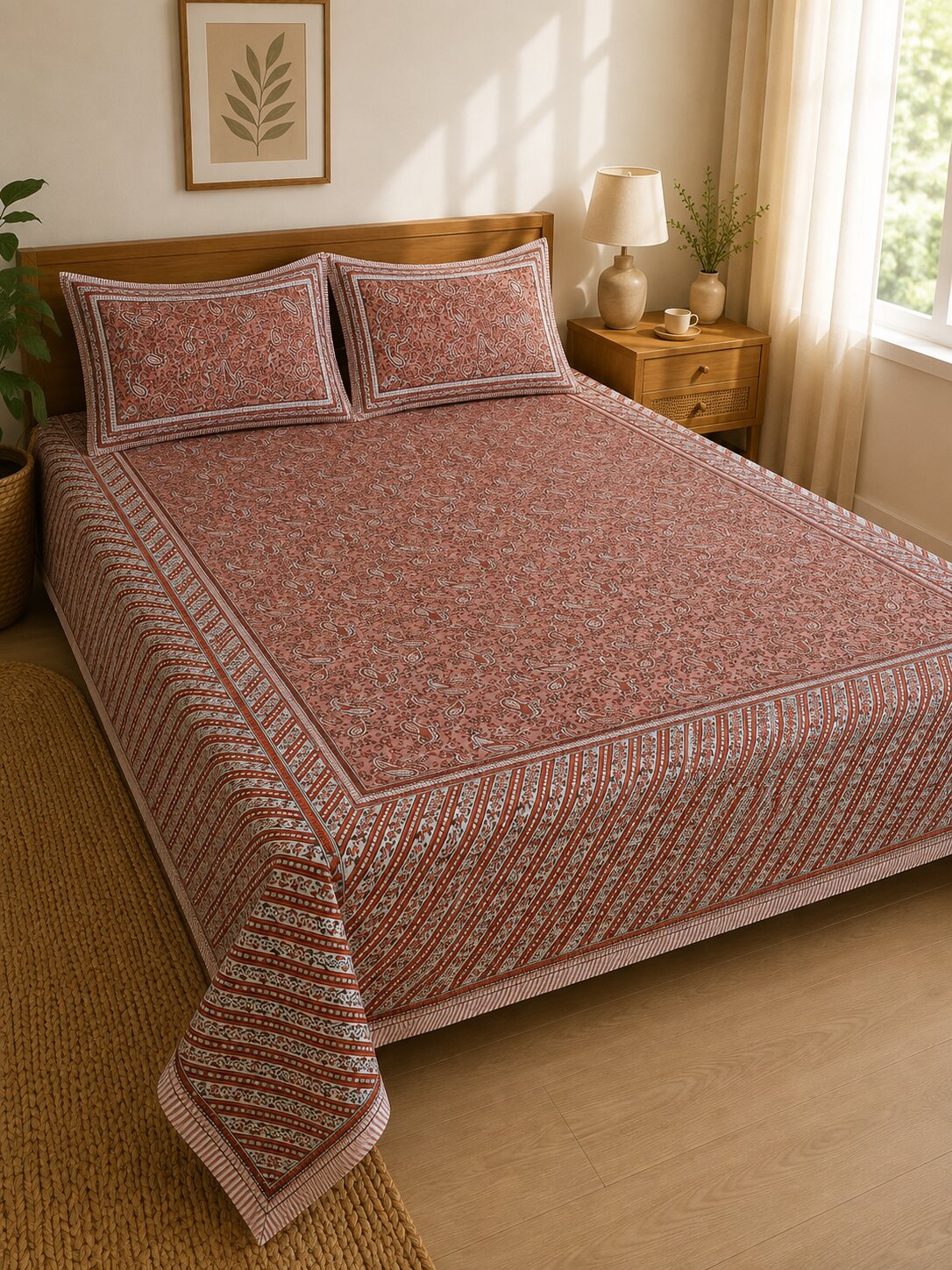 CROFF 100% Pure Cotton King Size Jaipuri Printed Bedsheet with 2 Pillow Covers | Soft & Breathable | 93 × 108 Inches | Rust Pink Paisley Floral