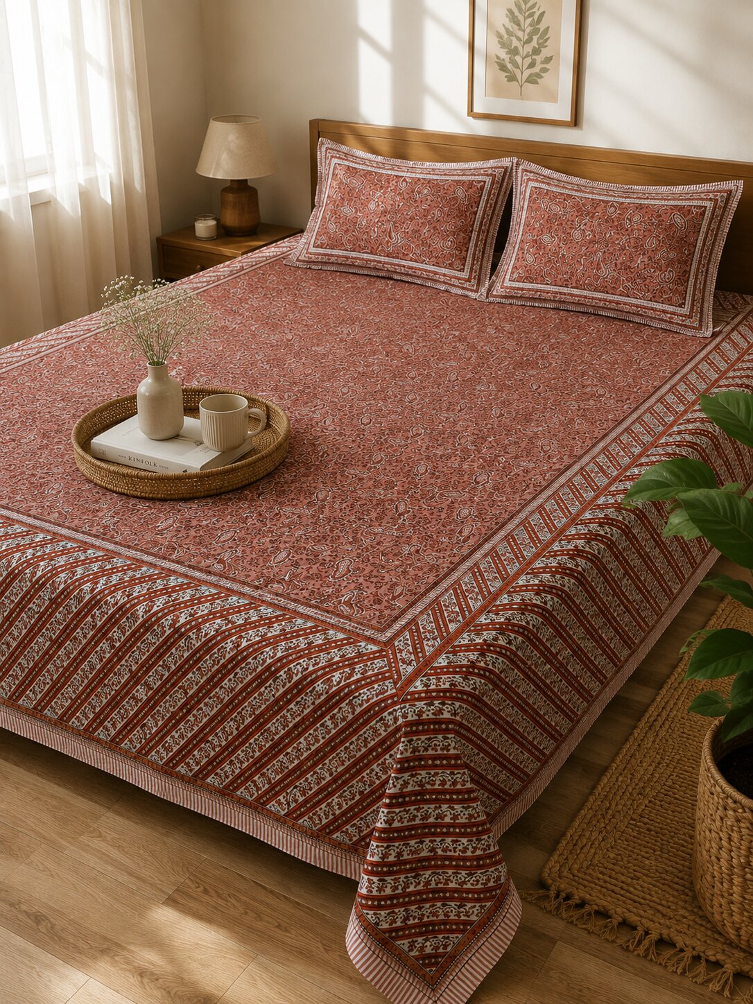 CROFF 100% Pure Cotton King Size Jaipuri Printed Bedsheet with 2 Pillow Covers | Soft & Breathable | 93 × 108 Inches | Rust Pink Paisley Floral