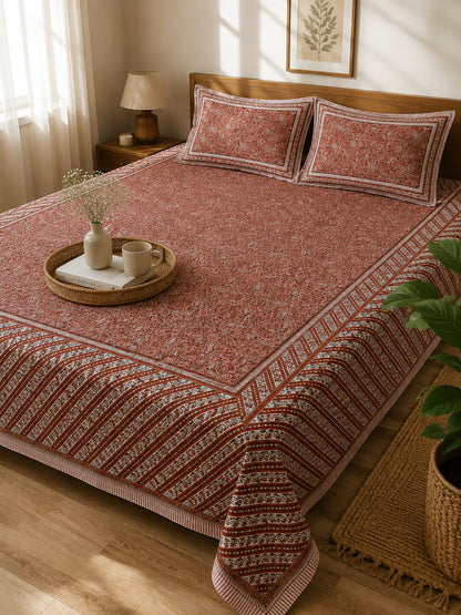 CROFF 100% Pure Cotton King Size Jaipuri Printed Bedsheet with 2 Pillow Covers | Soft & Breathable | 93 × 108 Inches | Rust Pink Paisley Floral
