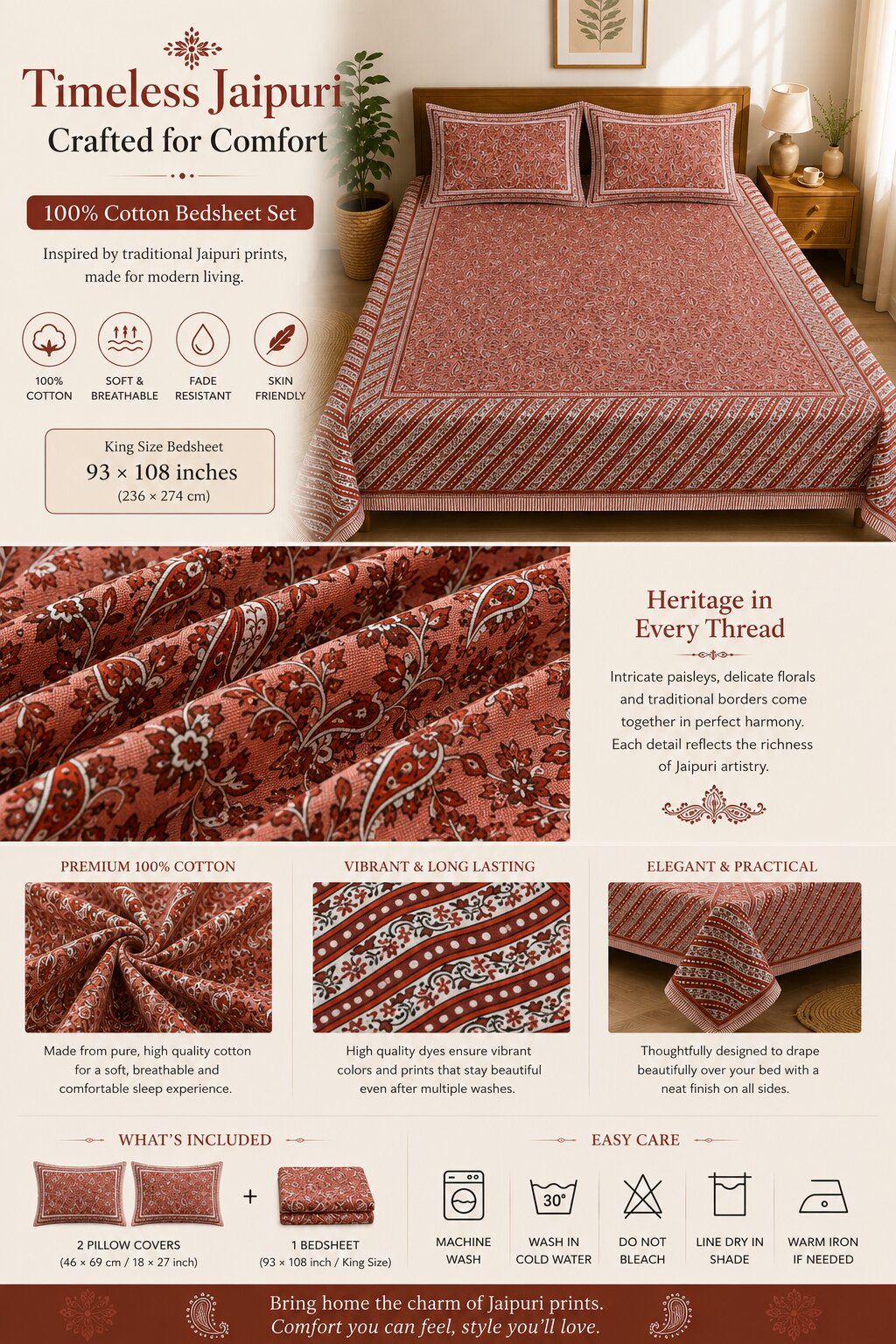 CROFF 100% Pure Cotton King Size Jaipuri Printed Bedsheet with 2 Pillow Covers | Soft & Breathable | 93 × 108 Inches | Rust Pink Paisley Floral