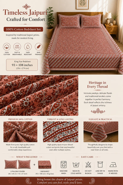 CROFF 100% Pure Cotton King Size Jaipuri Printed Bedsheet with 2 Pillow Covers | Soft & Breathable | 93 × 108 Inches | Rust Pink Paisley Floral