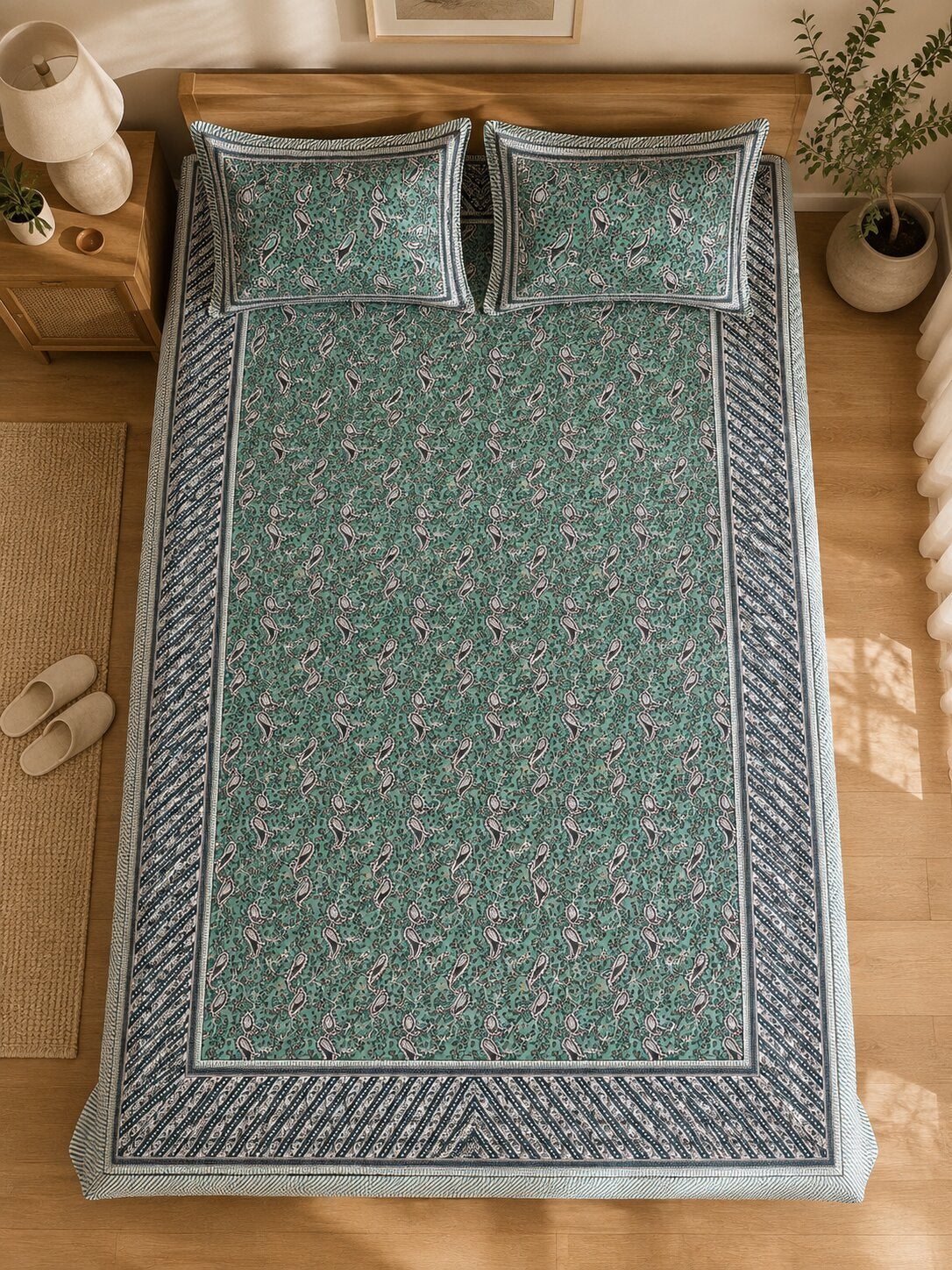 CROFF 100% Pure Cotton King Size Jaipuri Printed Bedsheet with 2 Pillow Covers | Soft & Breathable | 93 × 108 Inches | Sage Green Paisley Floral