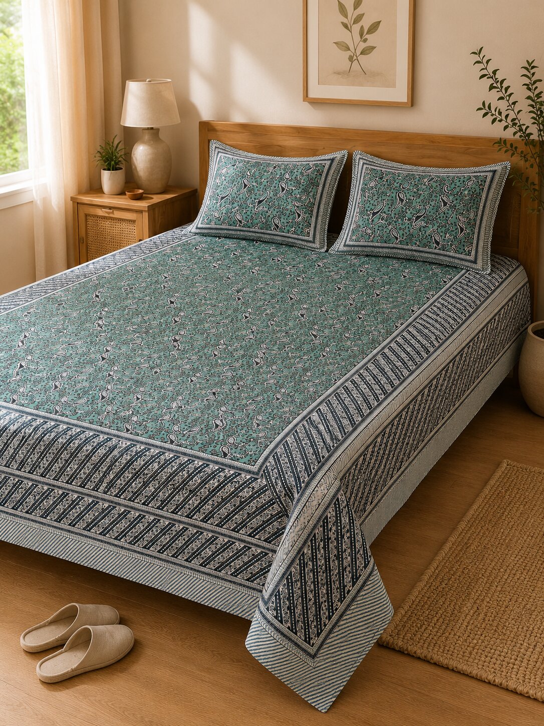 CROFF 100% Pure Cotton King Size Jaipuri Printed Bedsheet with 2 Pillow Covers | Soft & Breathable | 93 × 108 Inches | Sage Green Paisley Floral