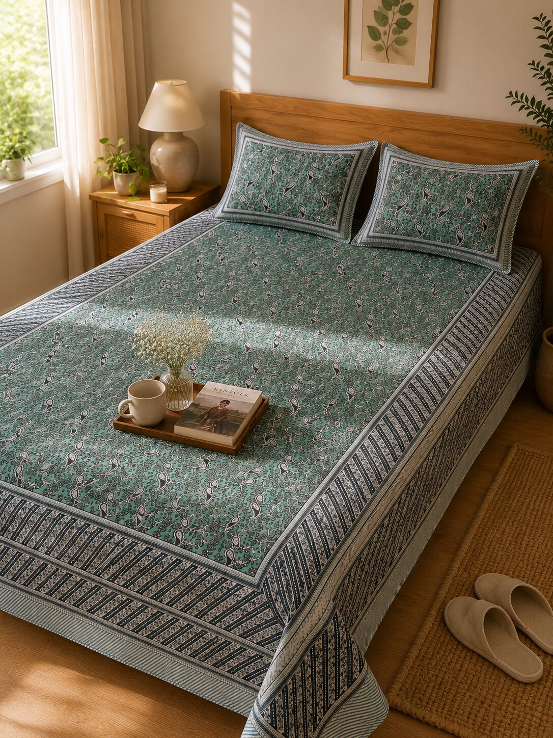 CROFF 100% Pure Cotton King Size Jaipuri Printed Bedsheet with 2 Pillow Covers | Soft & Breathable | 93 × 108 Inches | Sage Green Paisley Floral