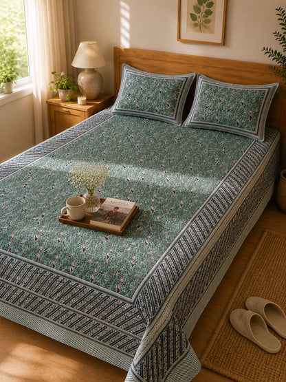 CROFF 100% Pure Cotton King Size Jaipuri Printed Bedsheet with 2 Pillow Covers | Soft & Breathable | 93 × 108 Inches | Sage Green Paisley Floral