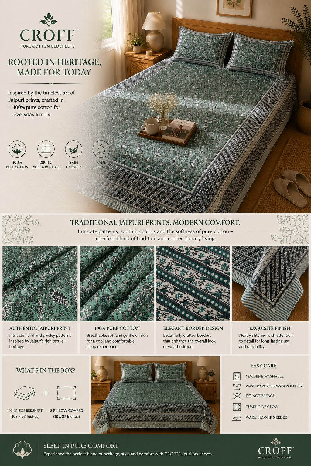 CROFF 100% Pure Cotton King Size Jaipuri Printed Bedsheet with 2 Pillow Covers | Soft & Breathable | 93 × 108 Inches | Sage Green Paisley Floral