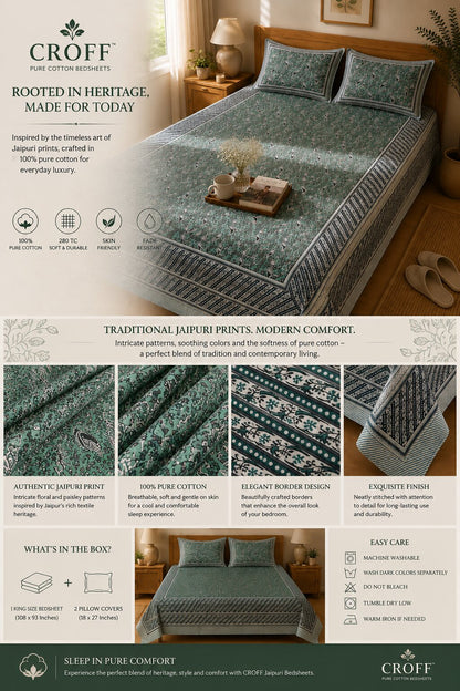 CROFF 100% Pure Cotton King Size Jaipuri Printed Bedsheet with 2 Pillow Covers | Soft & Breathable | 93 × 108 Inches | Sage Green Paisley Floral
