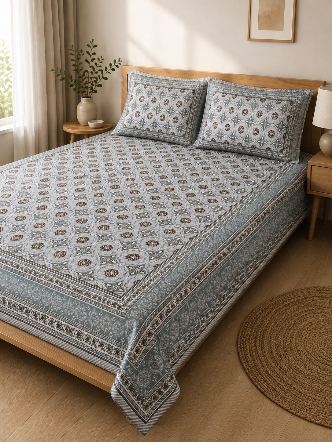 CROFF 100% Pure Cotton King Size Jaipuri Printed Bedsheet with 2 Pillow Covers | Soft & Breathable | 93 × 108 Inches | Grey Floral Medallion