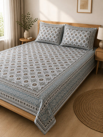CROFF 100% Pure Cotton King Size Jaipuri Printed Bedsheet with 2 Pillow Covers | Soft & Breathable | 93 × 108 Inches | Grey Floral Medallion