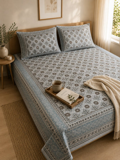 CROFF 100% Pure Cotton King Size Jaipuri Printed Bedsheet with 2 Pillow Covers | Soft & Breathable | 93 × 108 Inches | Grey Floral Medallion