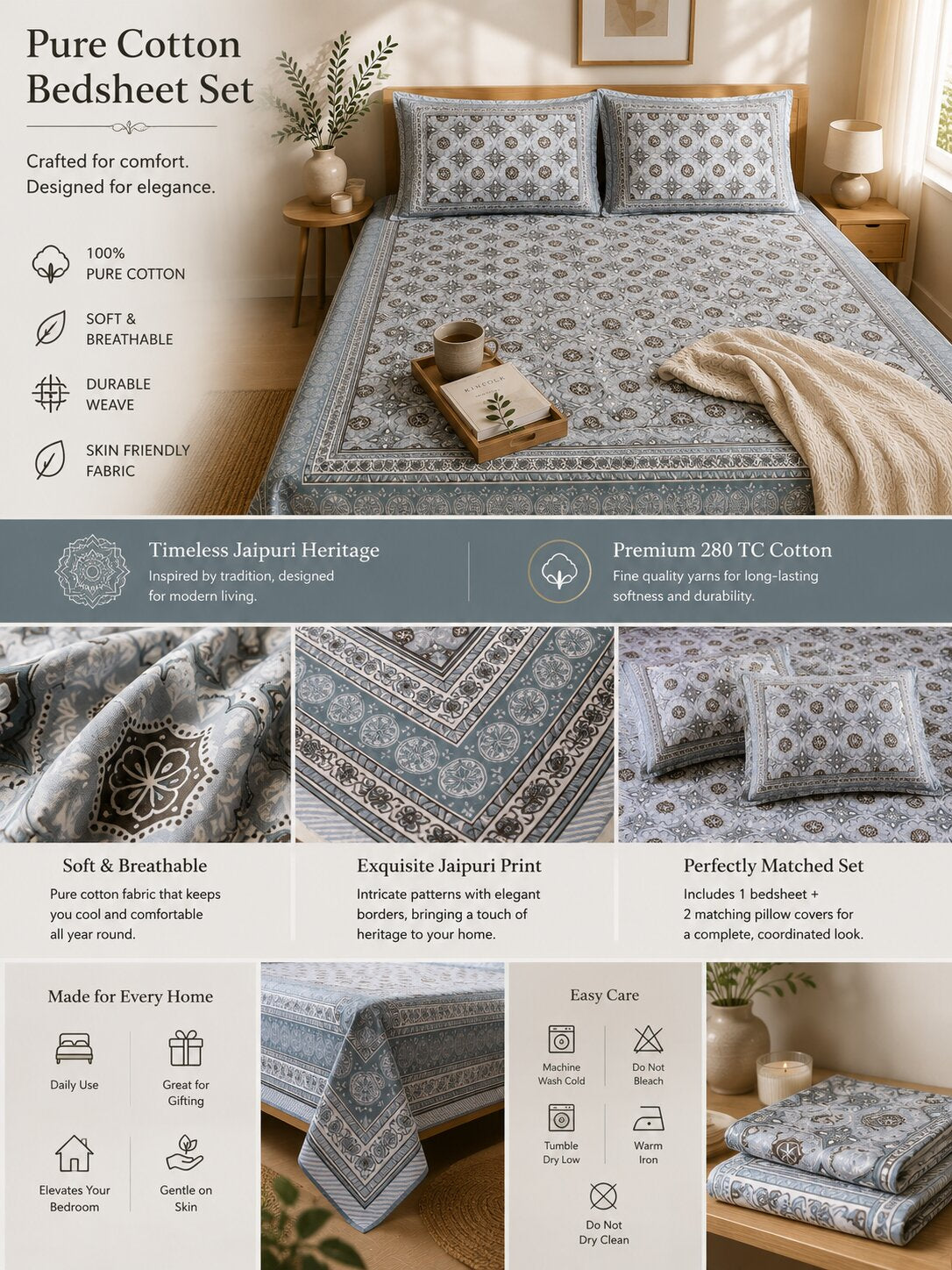 CROFF 100% Pure Cotton King Size Jaipuri Printed Bedsheet with 2 Pillow Covers | Soft & Breathable | 93 × 108 Inches | Grey Floral Medallion