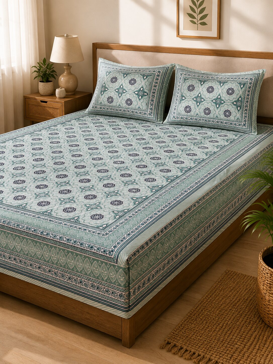 CROFF 100% Pure Cotton King Size Jaipuri Printed Bedsheet with 2 Pillow Covers | Soft & Breathable | 93 × 108 Inches | Sage Green Floral Medallion