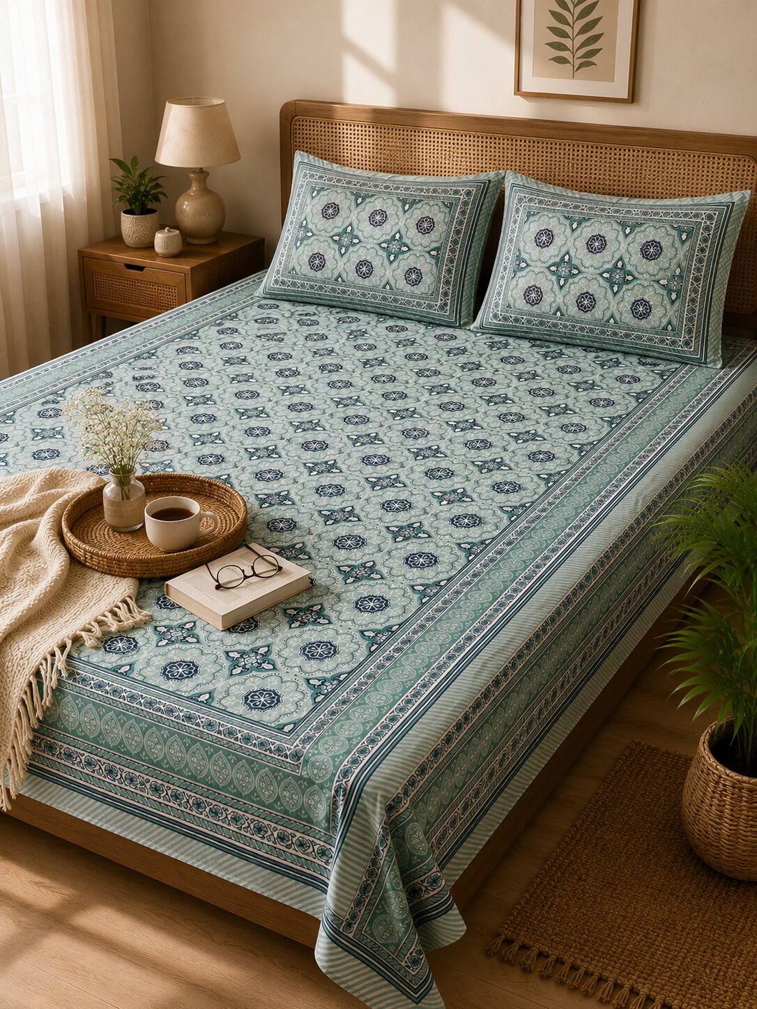 CROFF 100% Pure Cotton King Size Jaipuri Printed Bedsheet with 2 Pillow Covers | Soft & Breathable | 93 × 108 Inches | Sage Green Floral Medallion