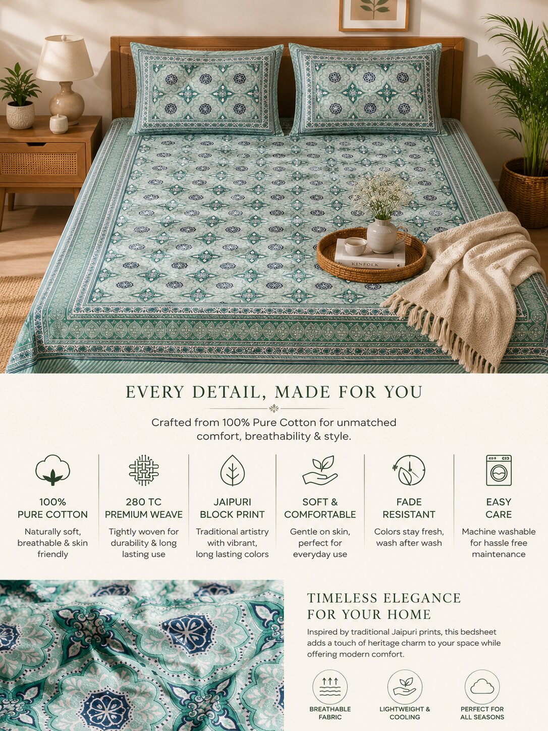 CROFF 100% Pure Cotton King Size Jaipuri Printed Bedsheet with 2 Pillow Covers | Soft & Breathable | 93 × 108 Inches | Sage Green Floral Medallion