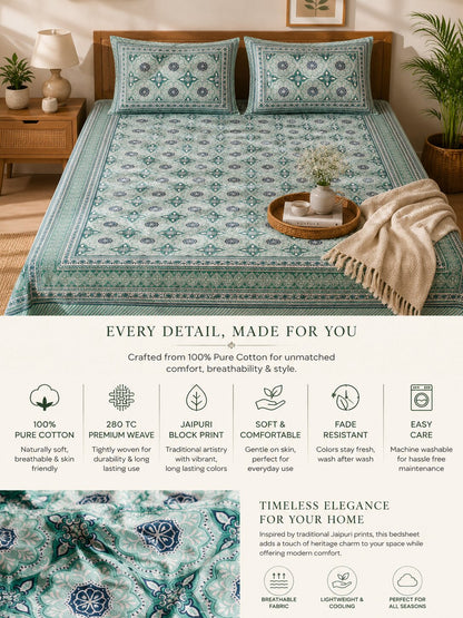 CROFF 100% Pure Cotton King Size Jaipuri Printed Bedsheet with 2 Pillow Covers | Soft & Breathable | 93 × 108 Inches | Sage Green Floral Medallion