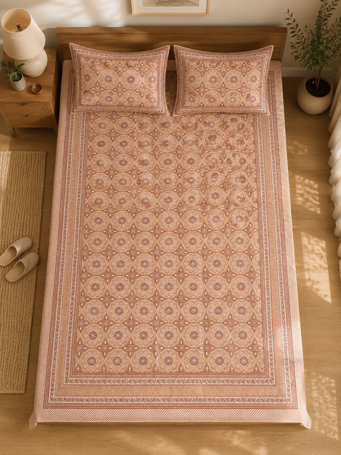 CROFF 100% Pure Cotton King Size Jaipuri Printed Bedsheet with 2 Pillow Covers | Soft & Breathable | 93 × 108 Inches | Peach Floral Medallion