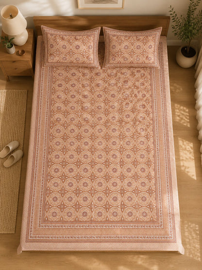 CROFF 100% Pure Cotton King Size Jaipuri Printed Bedsheet with 2 Pillow Covers | Soft & Breathable | 93 × 108 Inches | Peach Floral Medallion