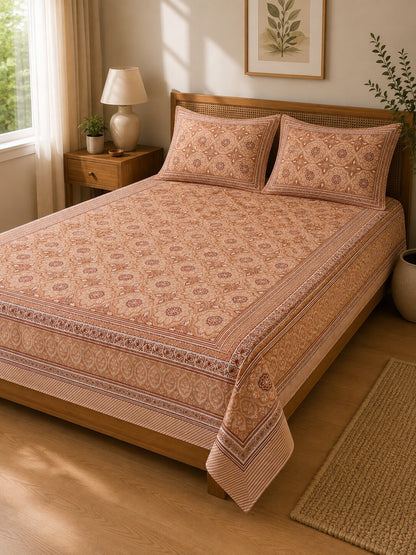 CROFF 100% Pure Cotton King Size Jaipuri Printed Bedsheet with 2 Pillow Covers | Soft & Breathable | 93 × 108 Inches | Peach Floral Medallion