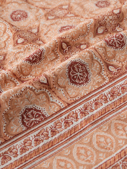 CROFF 100% Pure Cotton King Size Jaipuri Printed Bedsheet with 2 Pillow Covers | Soft & Breathable | 93 × 108 Inches | Peach Floral Medallion