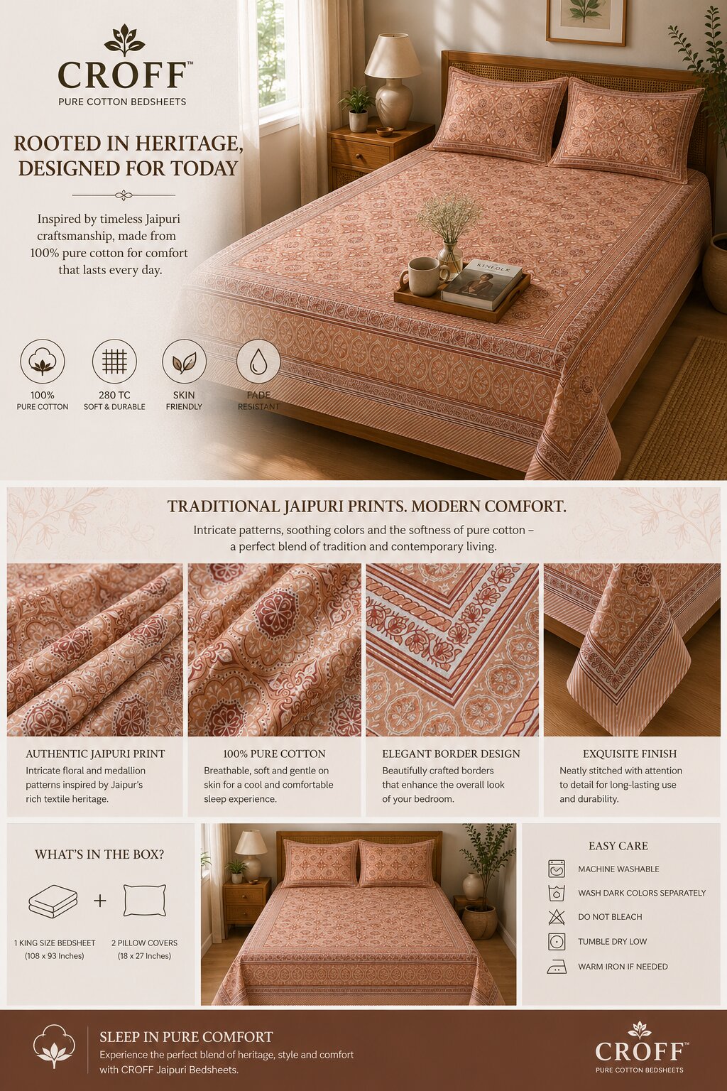 CROFF 100% Pure Cotton King Size Jaipuri Printed Bedsheet with 2 Pillow Covers | Soft & Breathable | 93 × 108 Inches | Peach Floral Medallion