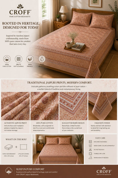 CROFF 100% Pure Cotton King Size Jaipuri Printed Bedsheet with 2 Pillow Covers | Soft & Breathable | 93 × 108 Inches | Peach Floral Medallion