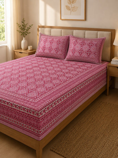 CROFF 100% Pure Cotton King Size Jaipuri Printed Bedsheet with 2 Pillow Covers | Soft & Breathable | 93 × 108 Inches | Rose Pink Floral Medallion