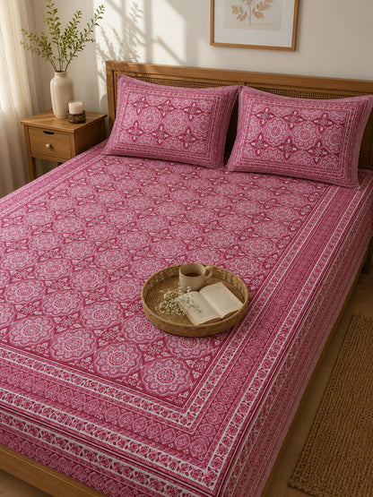 CROFF 100% Pure Cotton King Size Jaipuri Printed Bedsheet with 2 Pillow Covers | Soft & Breathable | 93 × 108 Inches | Rose Pink Floral Medallion