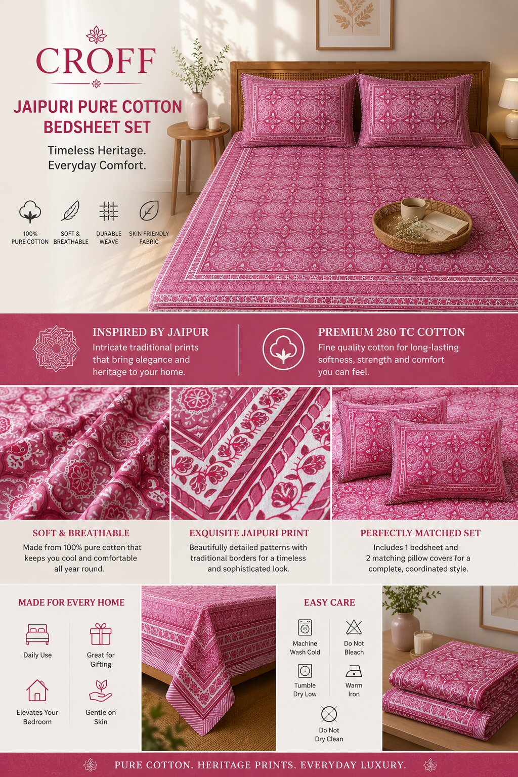 CROFF 100% Pure Cotton King Size Jaipuri Printed Bedsheet with 2 Pillow Covers | Soft & Breathable | 93 × 108 Inches | Rose Pink Floral Medallion
