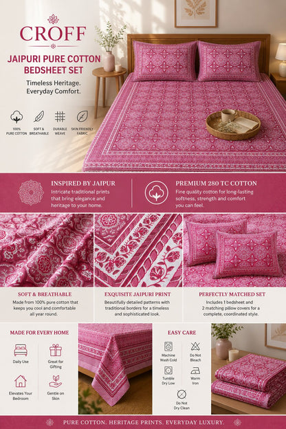 CROFF 100% Pure Cotton King Size Jaipuri Printed Bedsheet with 2 Pillow Covers | Soft & Breathable | 93 × 108 Inches | Rose Pink Floral Medallion